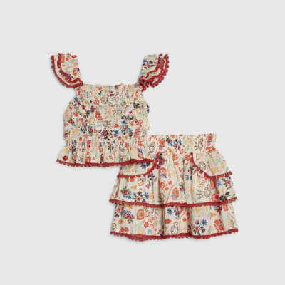 Girls Cream Floral Print Skirt Set