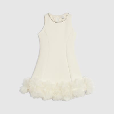 Girls Cream Floral Tulle Diamante Dress