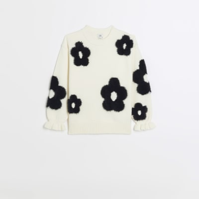 Girls cream fluffy floral jumper River Island