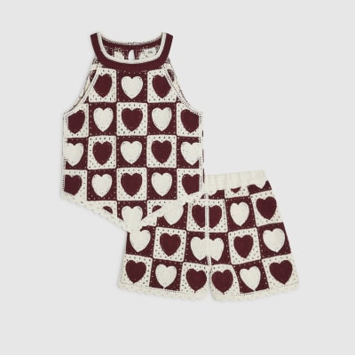 Girls Cream Heart Hanky Hem Crochet Top Set