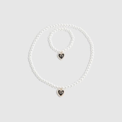 Girls Cream Heart Pearl Necklace Set