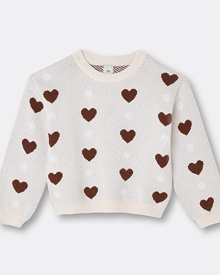 Girls cream heart print jumper