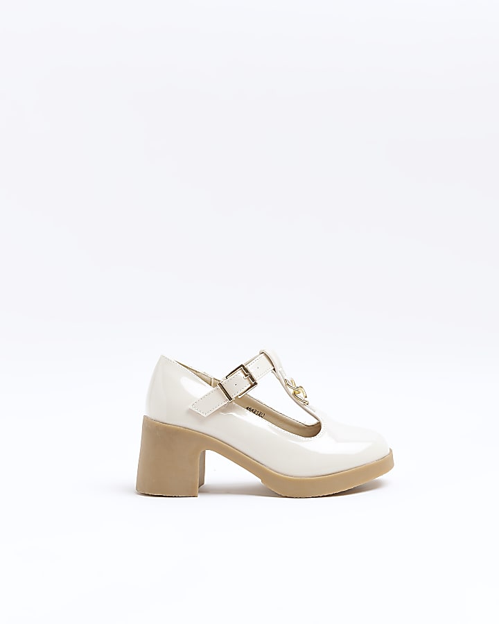 Girls Cream Heeled patent Mary Jane shoes