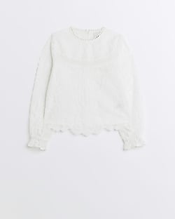 Girls Cream High Neck Lace Blouse