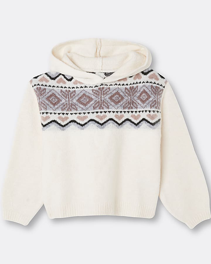 Girls cream hooded knit jumper