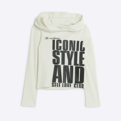 Girls Cream Iconic Ribbed Hoodie River Island