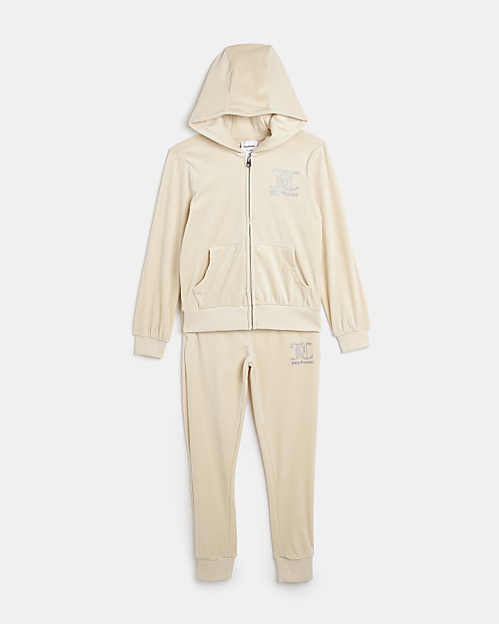 Girls cream Juicy Couture velour tracksuit | River Island