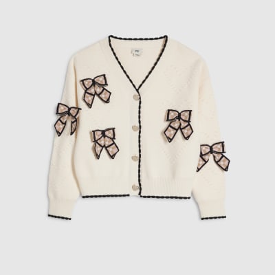 Girls Cream Knit 3D Check Bow Cardigan