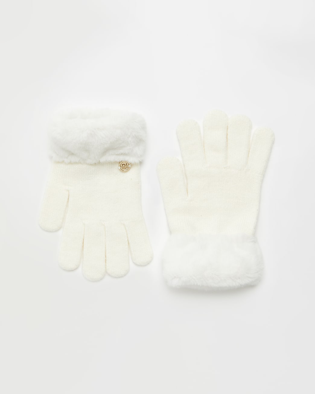 Girls cream knit faux fur cuff gloves