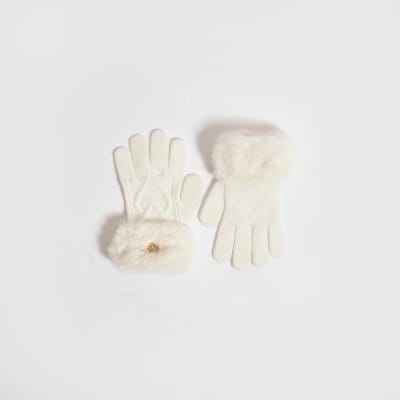 Girls Cream Knitted Faux Fur Gloves