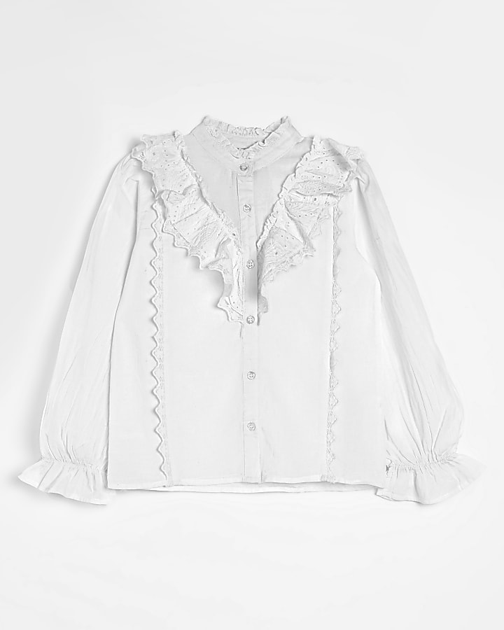 Girls Cream lace frill long sleeve Shirt