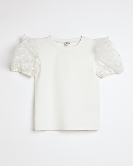 Girls cream lace frill sleeve top