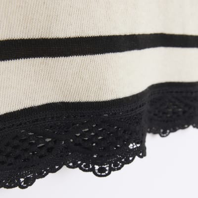 Girls cream lace hem stripe t-shirt