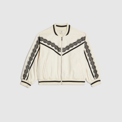 Girls Cream Lace Trim Bomber Jacket