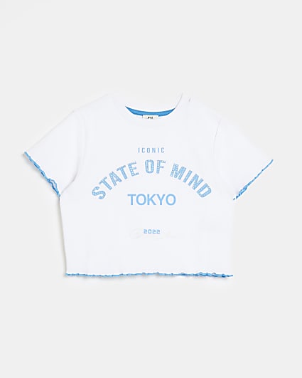 Girls cream lettuce hem Tokyo print t-shirt
