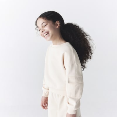 Girls Cream long sleeve cargo pocket sweater