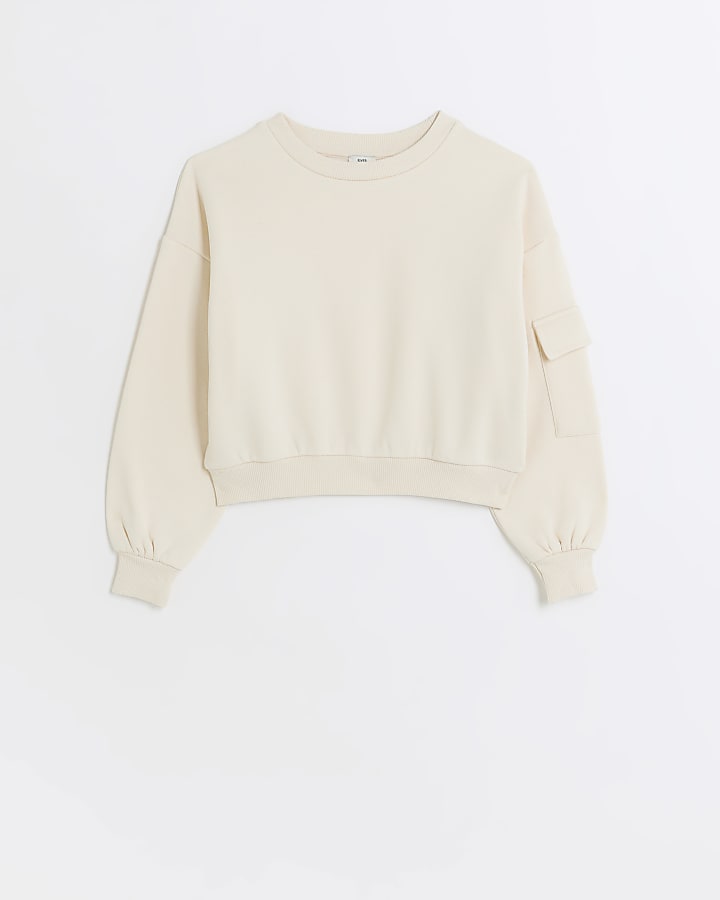 Girls Cream long sleeve cargo pocket sweater