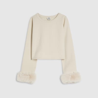 Girls Cream Long Sleeve Faux Fur Cuff Top