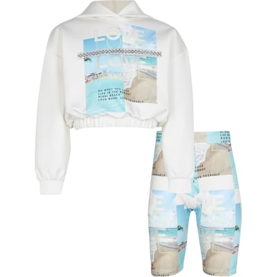 Girls cream 'Love' hoodie short outfit River Island