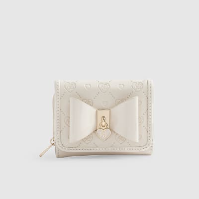 Girls Cream Monogram Bow Purse