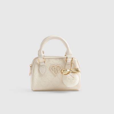 Girls Cream Monogram Heart Bowler Bag