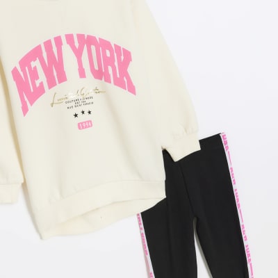 Girls cream New York hoodie and leggings set River Island