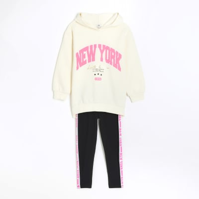 Girls cream New York hoodie and leggings set River Island