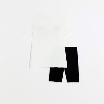 Girls cream palm graphic t-shirt set