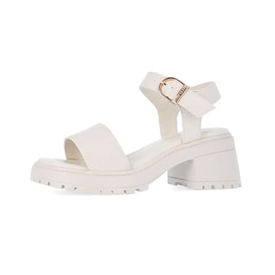 Girls cream patent chunky heeled sandals | River Island