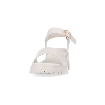 Girls cream patent chunky heeled sandals | River Island