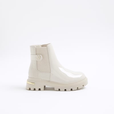 Girls Cream Patent Heart Heeled Chelsea Boots