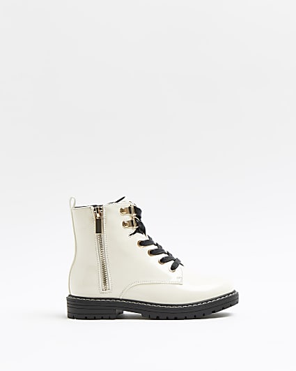 Girls cream patent lace up boots