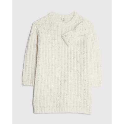 Girls Cream Pearl Bow Jumper Dress