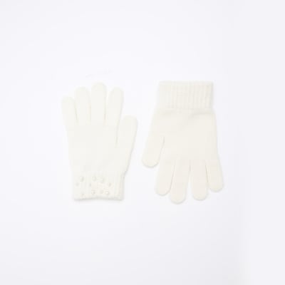Girls cream pearl detail gloves River Island