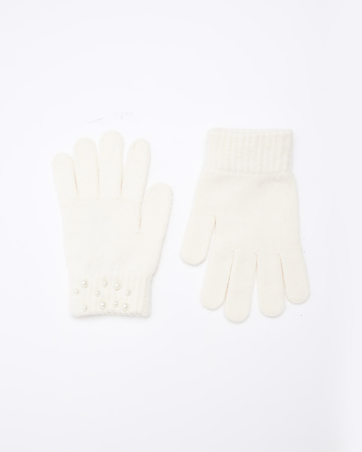 Girls cream pearl detail gloves | River Island