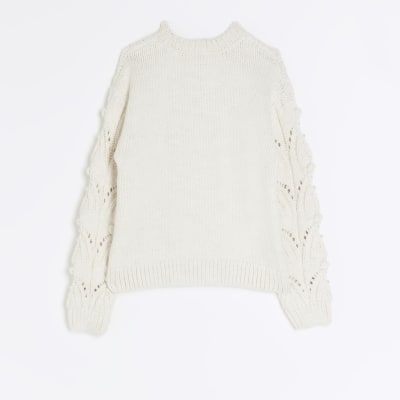 Girls cream pearl embellished jumper