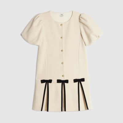 Girls Cream Pleated Bow Hem Dress