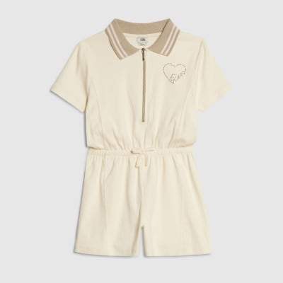 Girls Cream Polo Zip Playsuit | River Island