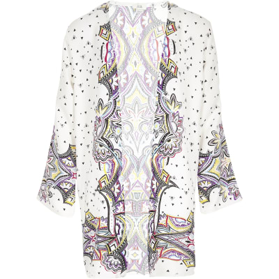 Girls cream print longline kimono