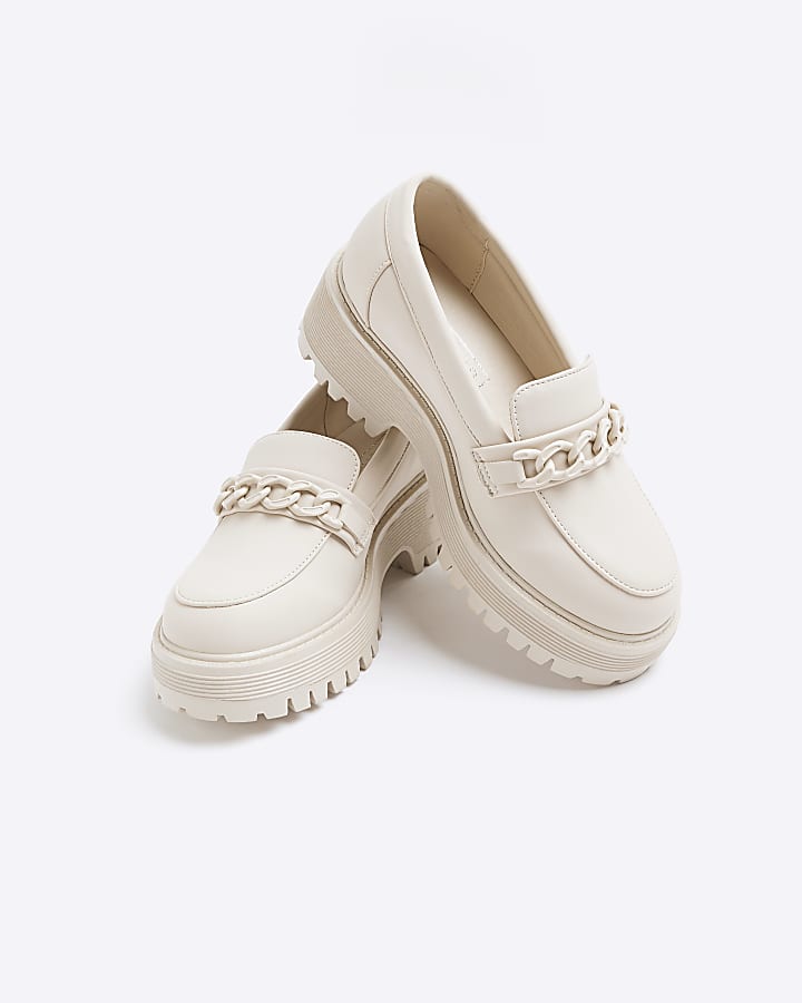 Girls Cream PU Chain Loafers
