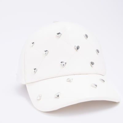 Girls cream Quilted Heart studded Cap