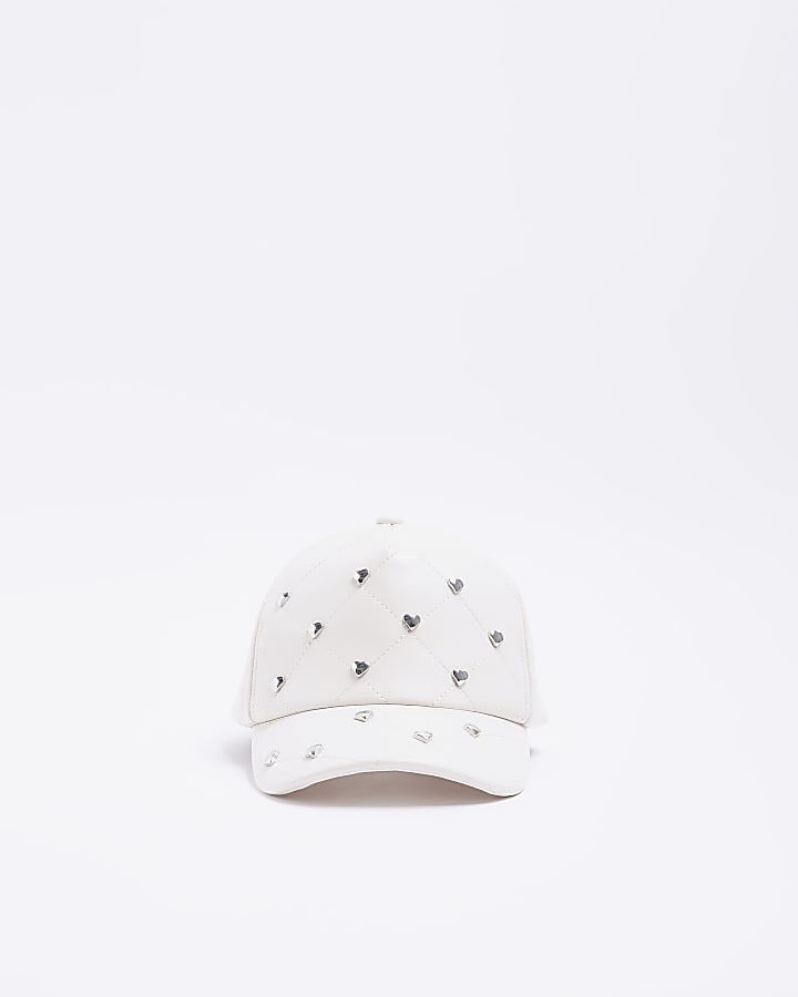 Girls cream Quilted Heart studded Cap