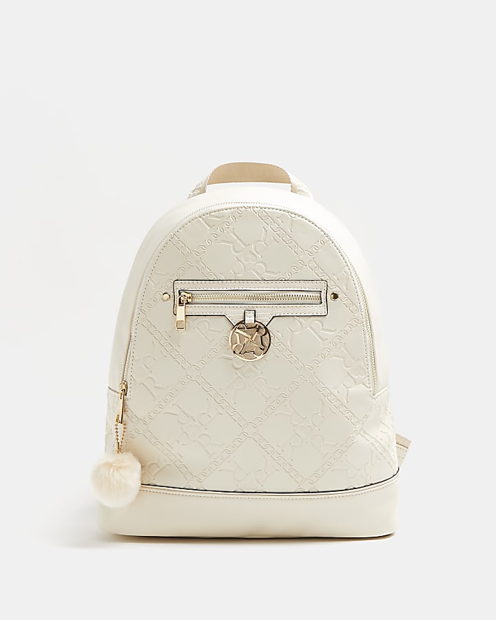 Girls cream RI monogram embossed backpack
