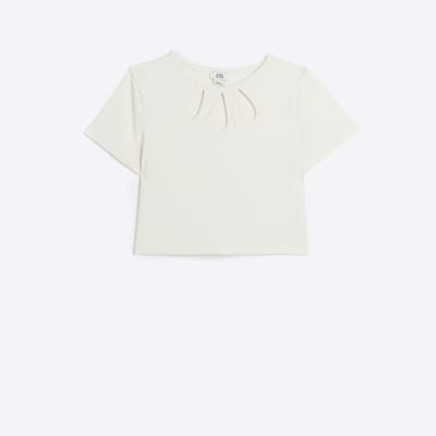 Girls Cream Ribbed Cut Out T-shirt