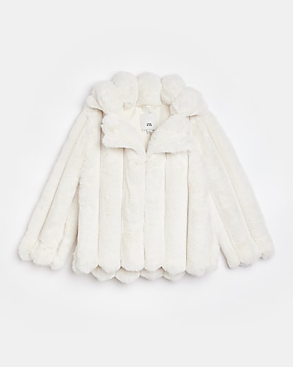 Girls Cream Ribbed Faux Fur Coat