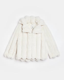 Girls Cream Ribbed Faux Fur Coat