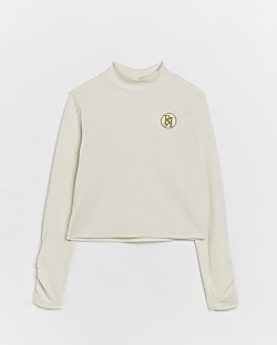 Girls Cream Ribbed Funnel Long Sleeve Top