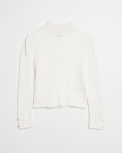 Girls cream roll neck cable knit jumper