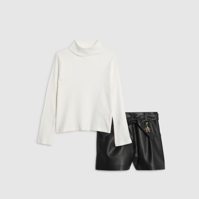 Girls Cream Roll Neck Top Set