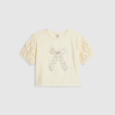Girls Cream Ruffle Pearl Bow Top